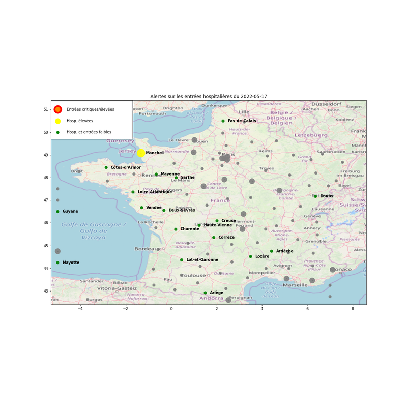 Covid_19 en France : alertes basées sur les entrées hospitalières par département.