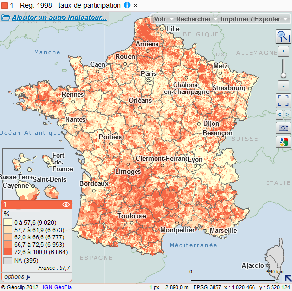Cartographie nationale des résultats des élections régionales de 1998