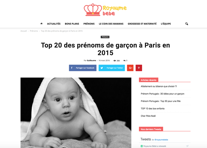 Top 20 des prénoms de garçon à Paris en 2015