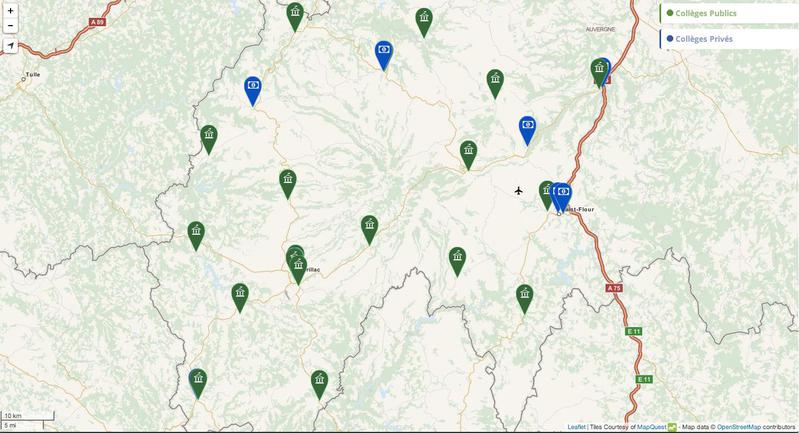 Cartes des Collèges du Cantal par type (public / privé)
