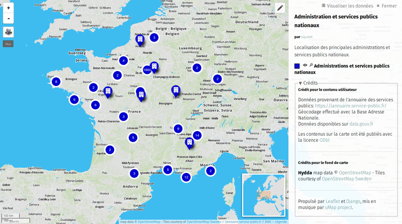 Carte des principaux services publics nationaux