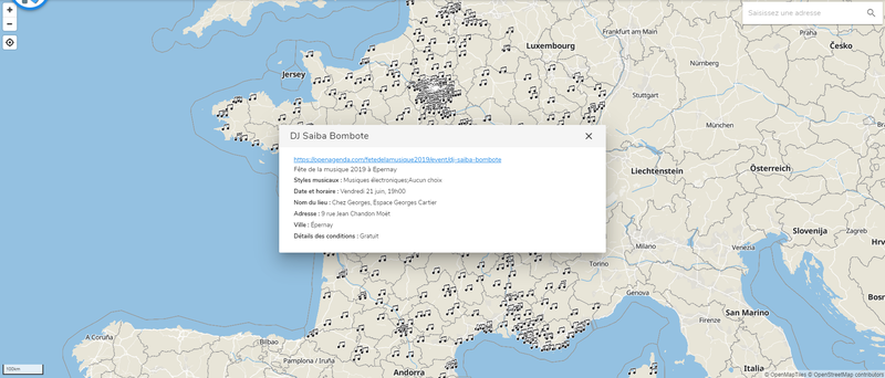 Carte de la France des événements de la Fête de la musique 2019