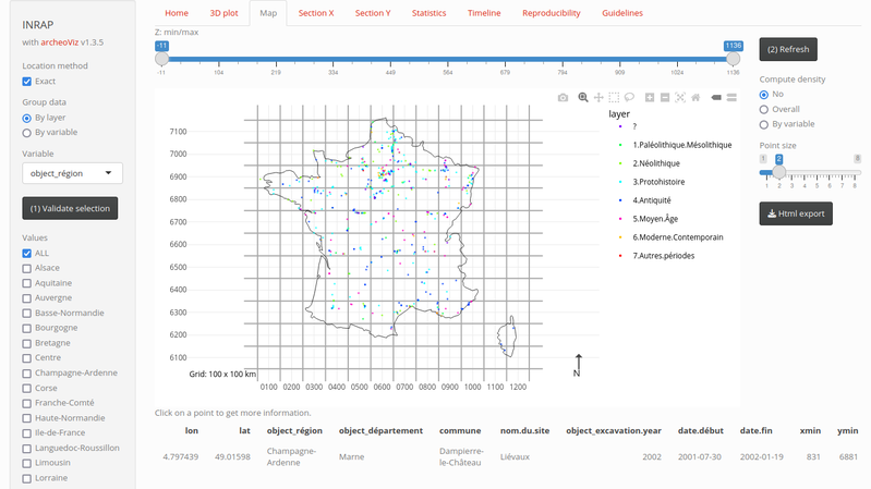 Visualisation de 'Localisation des sites de fouille archéologiques de l'Inrap' avec l'application archeoViz