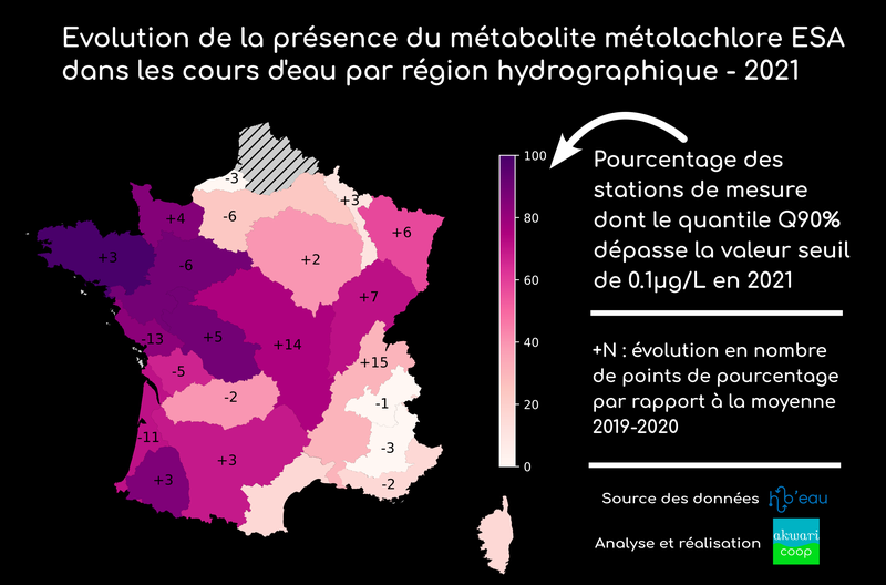 Présence et évolution du Métolachlore ESA dans les cours d'eau, par région hydrographique