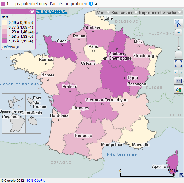 Cartographie des temps d'accès aux généralistes libéraux par région