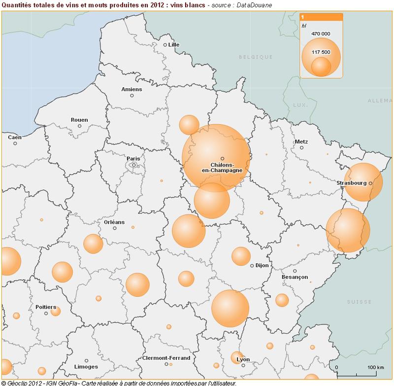 Statistiques viti-vinicoles : quantités totales de vins et mouts produites (vins blancs) en 2009, 2010, 2011 et 2012
