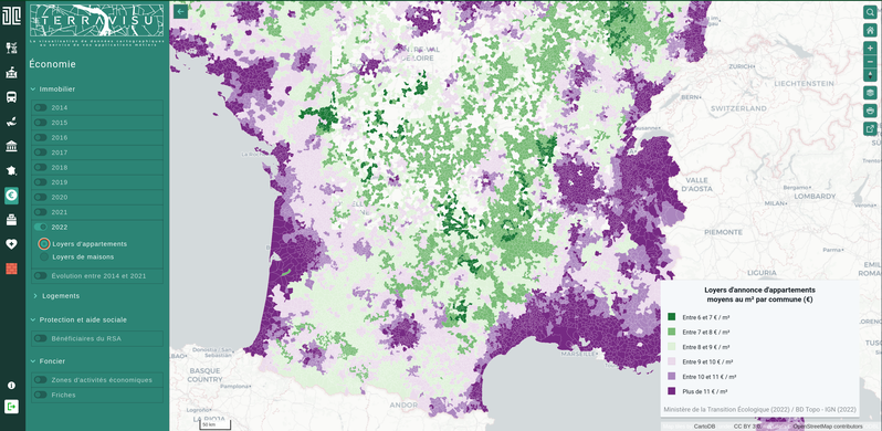 TerraVisu - Loyers d'annonce d'appartements moyens au m² par commune