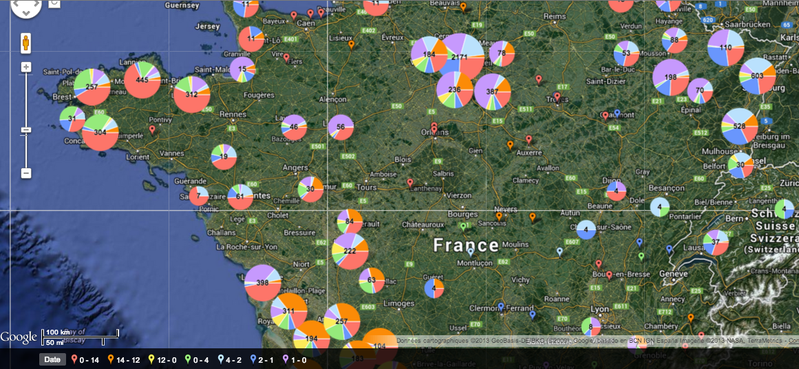 Carte des immeubles protégés et datés (13000 sur 47000 au total)