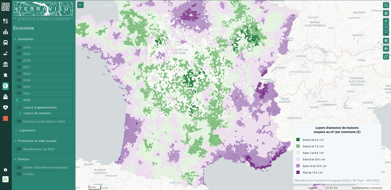 TerraVisu - Loyers d'annonce de maisons moyens au m² par commune 