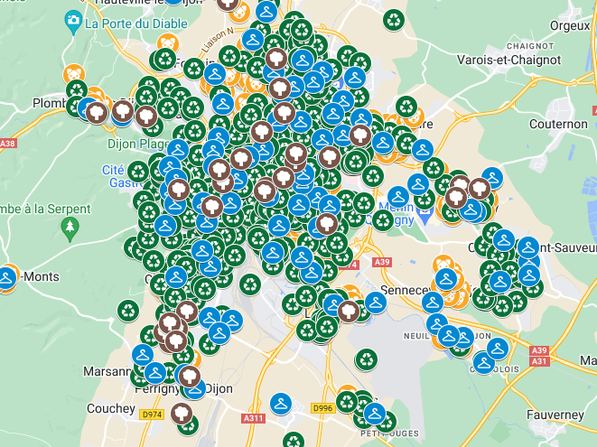Carte des points propretés, points d'apport volontaire, bornes textiles et canibox à Dijon