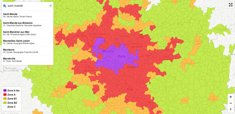 Carte de visualisation des zones Pinel (A bis, A, B1, B2, C) par communes