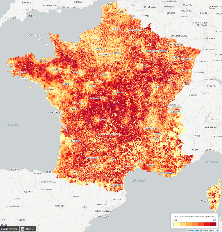 Carte des taux de logements vacants par commune en France en 2013