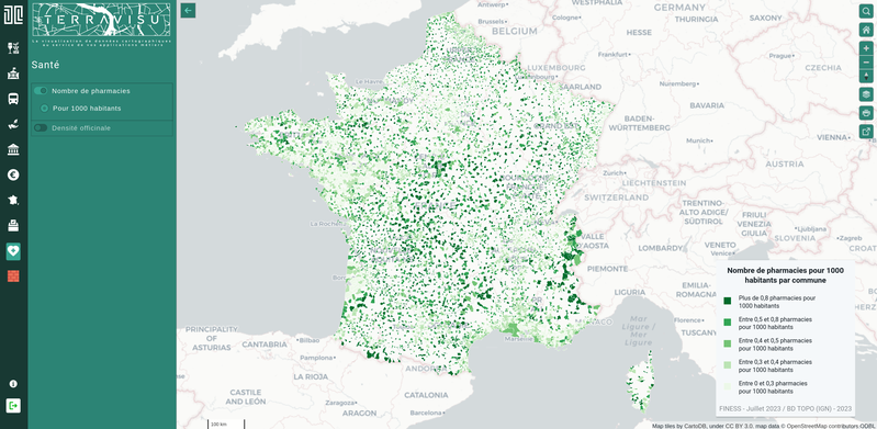 TerraVisu - Nombre de pharmacies pour 1000 habitants par commune