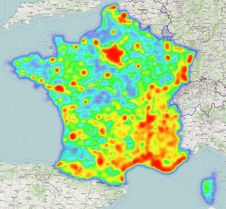 Carte de chaleur des photos aériennes IGN entre 1919 et 2010