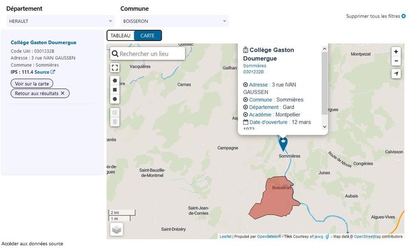 Carte scolaire des collèges publics d'Occitanie - rentrée 2024