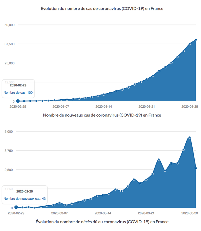 Evolution du nombre de cas de coronavirus (COVID-19) en France
