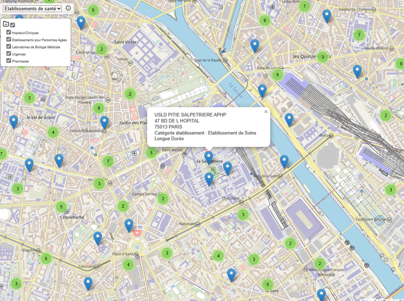 Localisation d'établissements de santé et densité médicale par spécialité