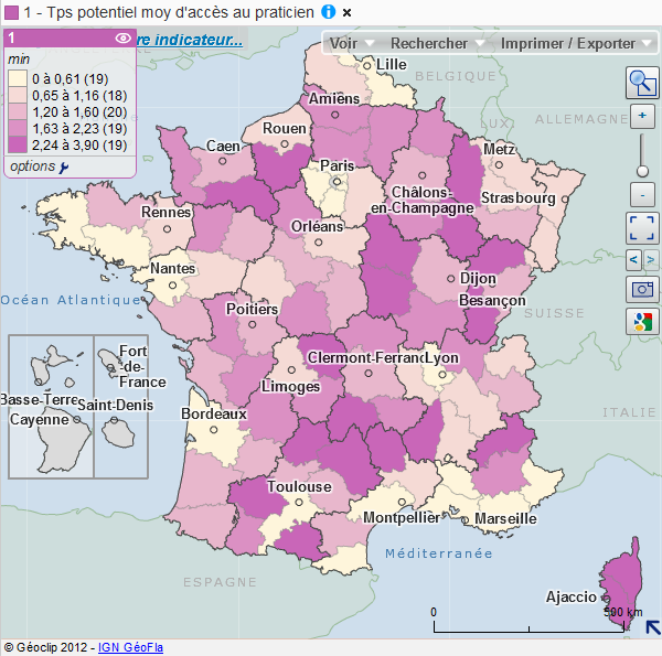Cartographie des temps d'accès aux généralistes libéraux par département