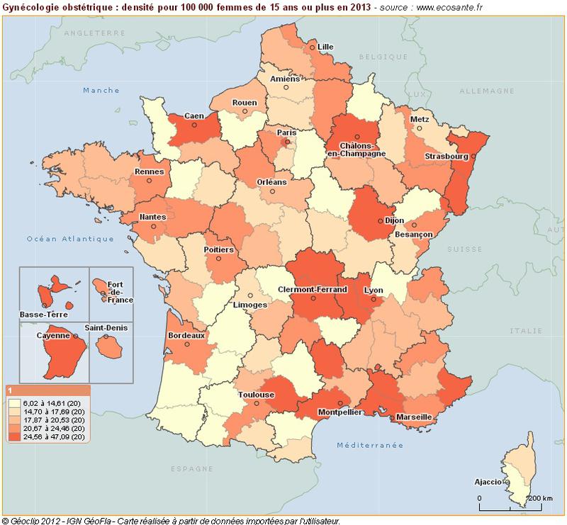 Gynécologie obstétrique et médicale : densité pour 100 000 femmes de 15 ans ou plus
