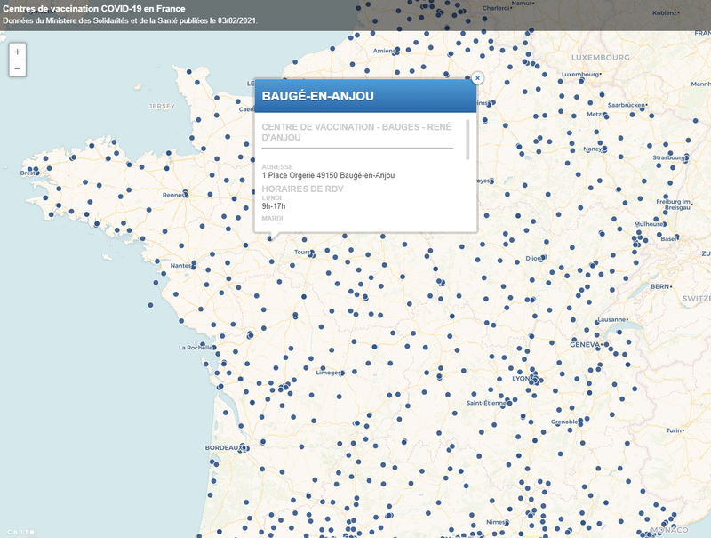 Localisation des centres de vaccination COVID-19 en France