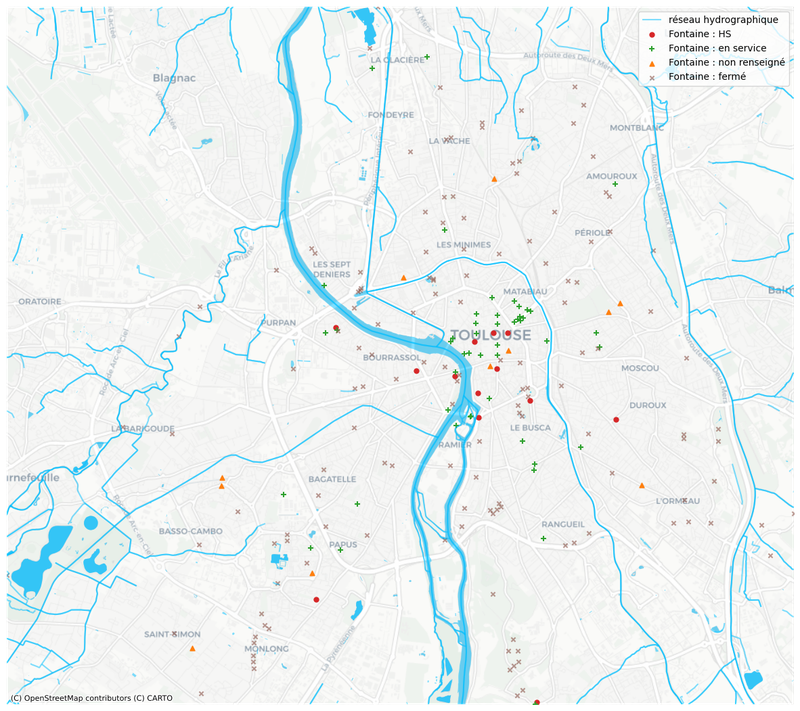 Visualisation du réseau hydrographique et des fontaines de Toulouse