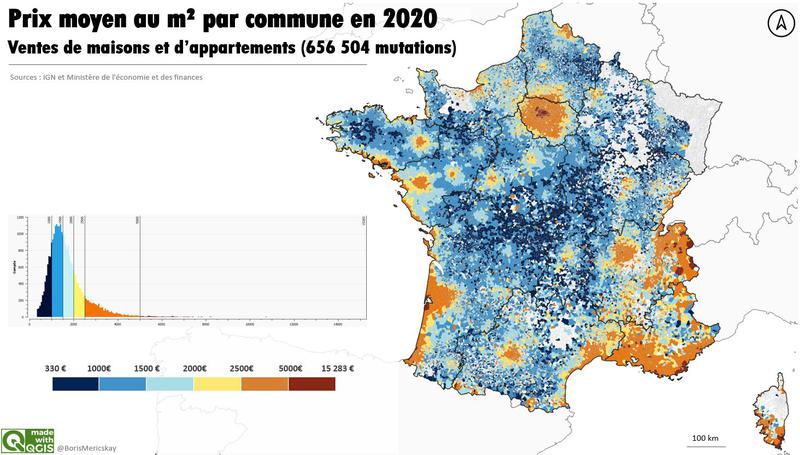Carte des prix moyens au m² par commune des ventes de maisons et d'appartements en 2020