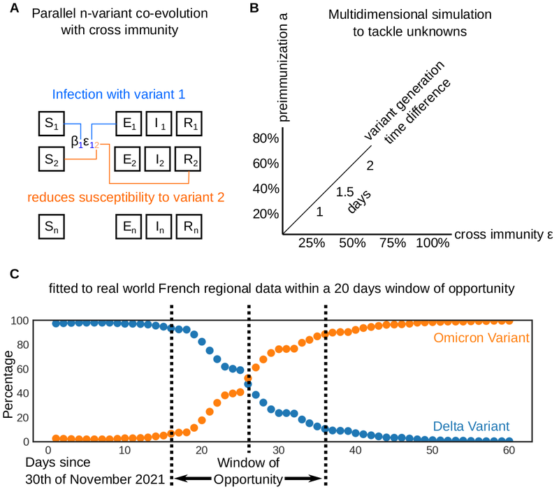 Retrospective analysis of SARS-CoV-2 omicron invasion over delta in French regions in 2021-22: a status-based multi-variant model