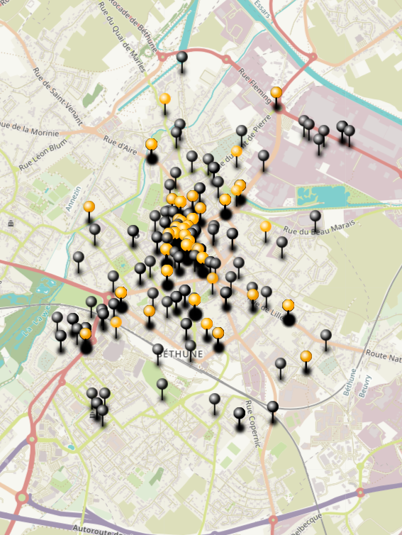 Cartographie de la répartition des commerces présents sur l'application Béthune Shop