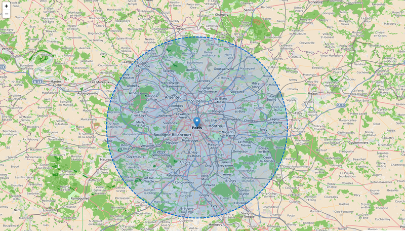 Carte qui calcule le rayon de 30 km autour de chez moi pour le confinement