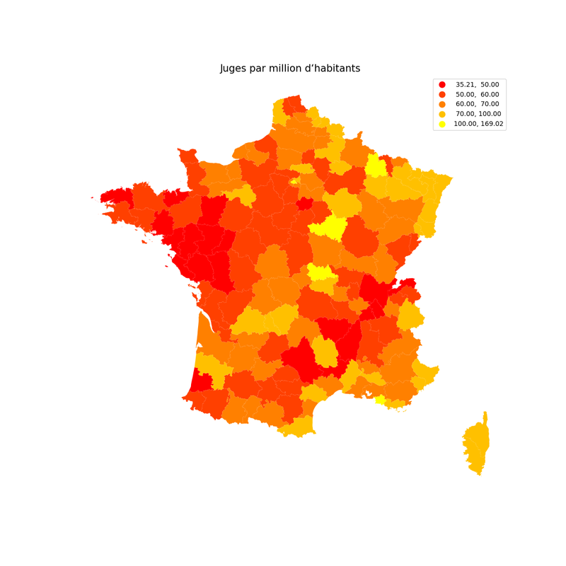 Cartographie des effectifs de magistrats judiciaires en juridiction (CA et TJ) par rapport à la population légale