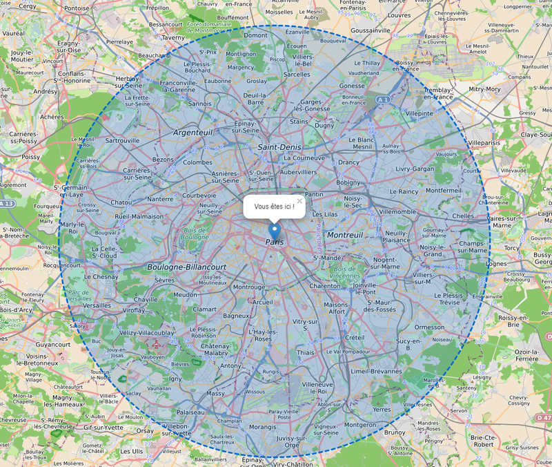 Carte qui calcule le rayon de 20 km autour de chez moi pour le confinement