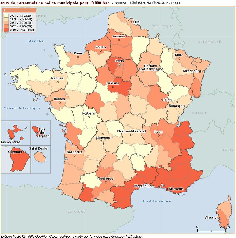 Personnels des polices municipales : taux pour 10 000 habitants par département