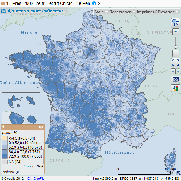 Cartographie nationale des résultats de l'élection présidentielle de 2002