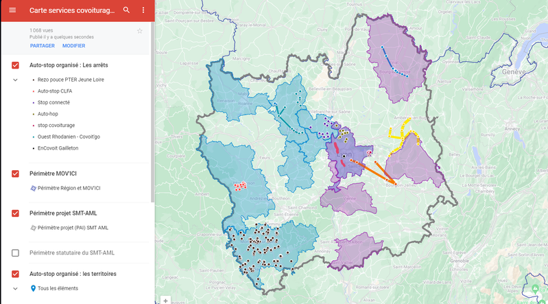 Carte interactive des aménagements et services covoiturage de l'Aire Métropolitaine Lyon - Saint-Etienne