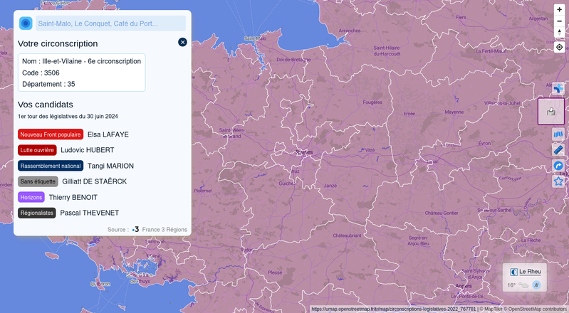 Carte des circonscriptions et candidats aux législatives 2024