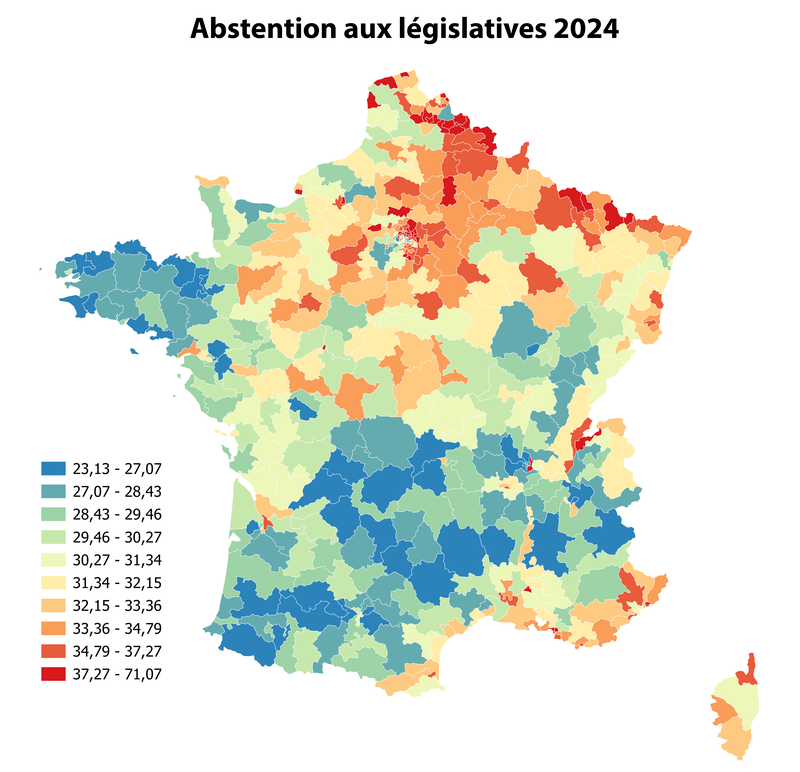 Carte de l'abstention aux législatives 2024, 1er et second tours combinés