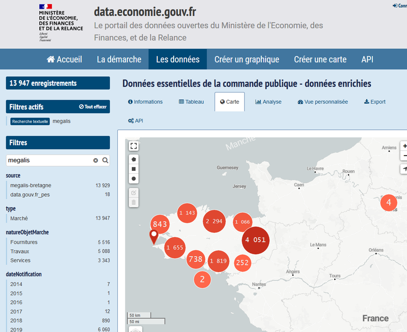 Cartographie des données enrichies de Mégalis Bretagne sur data.economie.gouv.fr
