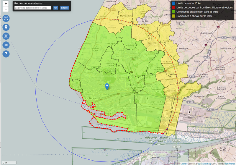 Calcul de la zone des 10 km pour le troisième confinement du 19/03/2021