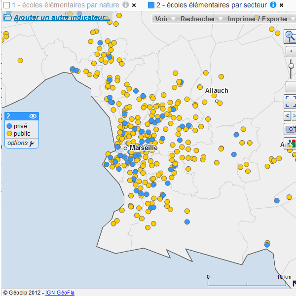 cartographie des écoles élémentaires par nature et par secteur