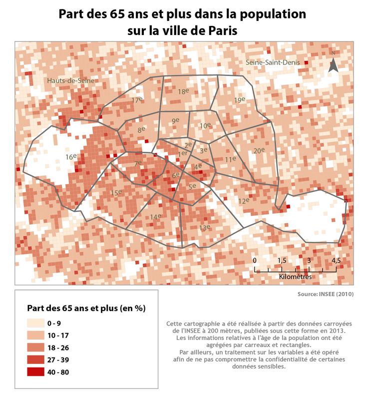 Cartographie de la part des 65 ans et plus dans la population de Paris