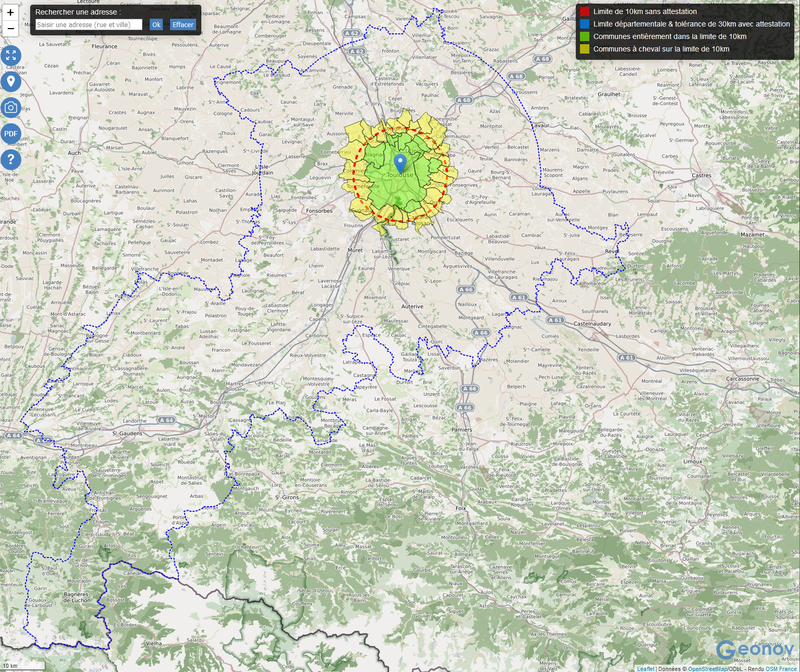 Carte de calcul du rayon de 10 km (cas 1) et du rayon de 30 km au delà du département (cas 2) autour de chez moi pour le confinement 3.