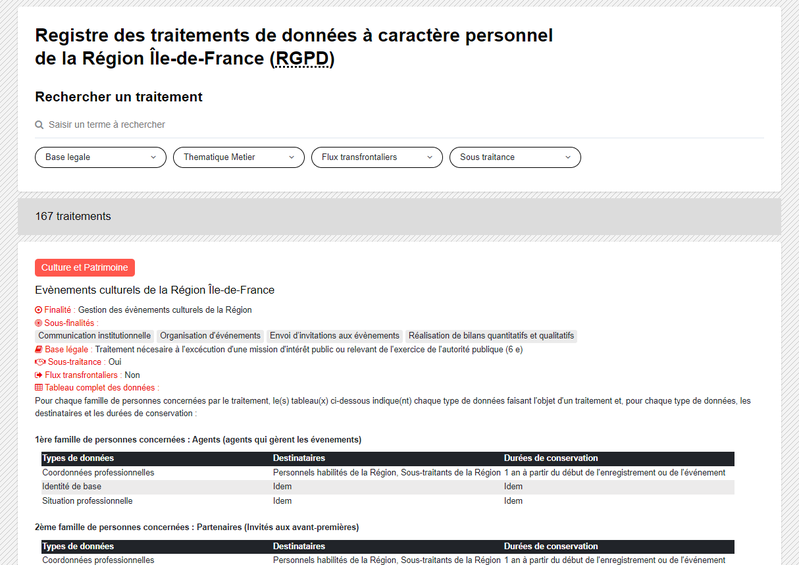 Registre des traitements de données à caractère personnel de la Région Île-de-France (RGPD)
