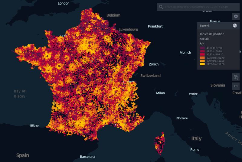 Cartographie de l'indice de position sociale des écoles et collèges (France métropolitaine et DROM)