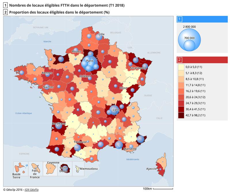 Cartographie de la couverture FTTH en France à l'échelon départemental et régional (T1 2018)