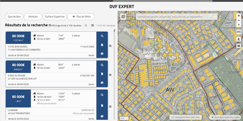 Obtenez les prix de vente des biens et terrains et par quartier/commune grâce à DVF-Expert de Géofoncier