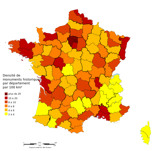 Densité de bâtiments monuments historiques par département et par 100 km2