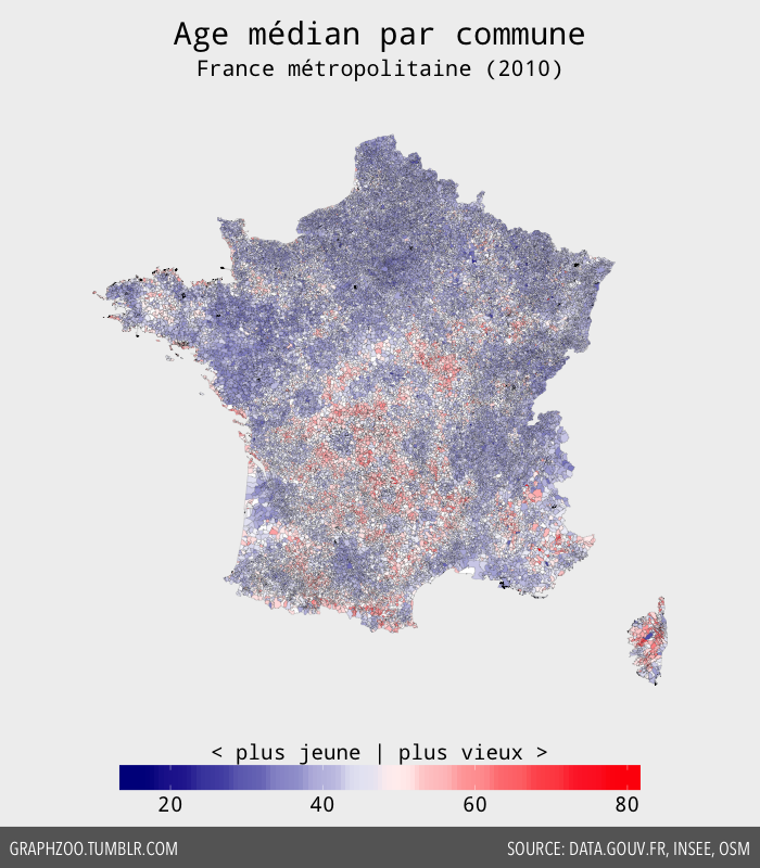 Age médian par commune en France métropolitaine (2010)