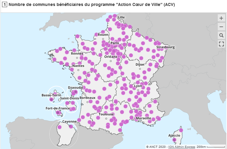 Carte interactive des communes du programme "Action coeur de ville " (ACV)