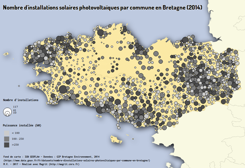 Nombre d'installations solaires photovoltaique par commune en bretagne (2014)