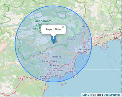 Covid 19 - Carte avec rayon de 20 Km vol d'oiseau autour de votre adresse